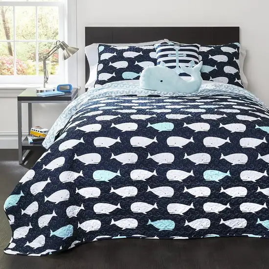 Full/Queen 5 Piece Bed In A Bag Navy Teal Microfiber Waves Whales Quilt Set Photo 1