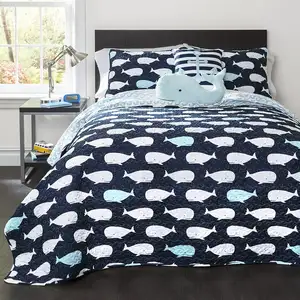 Photo of Full/Queen 5 Piece Bed In A Bag Navy Teal Microfiber Waves Whales Quilt Set