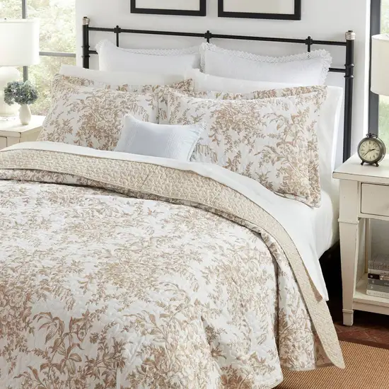 Full/Queen 3 Piece Bed-in-a-Bag Bohemian Tan Beige Floral Cotton Quilt Set Photo 1