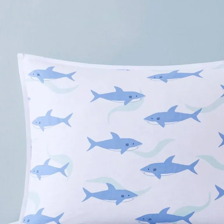 Full/Queen 3 Piece Coastal Reversible Navy Blue White Sharks Cotton Quilt Set Photo 5