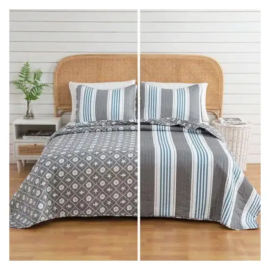 Full/Queen 3 Piece Coastal Starfish Sand Dollar Grey Blue White Quilt Set Photo 2