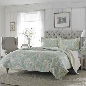 Photo of Full / Queen 3-Piece Cotton Quilt Set in Seafoam Blue Beige Floral Pattern