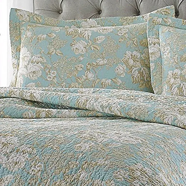 Full / Queen 3-Piece Cotton Quilt Set in Seafoam Blue Beige Floral Pattern Photo 2