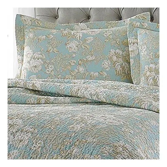 Full / Queen 3-Piece Cotton Quilt Set in Seafoam Blue Beige Floral Pattern Photo 2