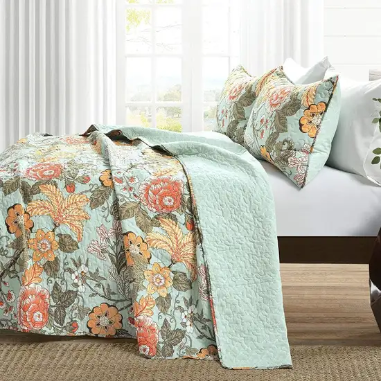 Full/Queen 3 Piece Farmhouse Teal Blue Floral Cotton Reversible Quilt Set Photo 3