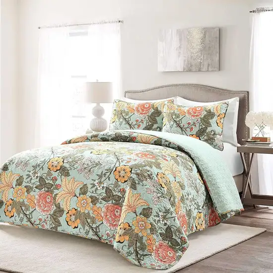 Full/Queen 3 Piece Farmhouse Teal Blue Floral Cotton Reversible Quilt Set Photo 2