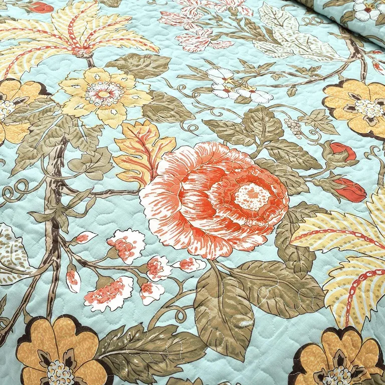 Full/Queen 3 Piece Farmhouse Teal Blue Floral Cotton Reversible Quilt Set Photo 5