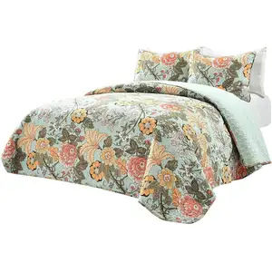 Photo of Full/Queen 3 Piece Farmhouse Teal Blue Floral Cotton Reversible Quilt Set