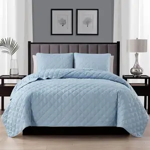 Photo of Full/Queen 3-Piece Light Blue Polyester Microfiber Reversible Diamond Quilt Set