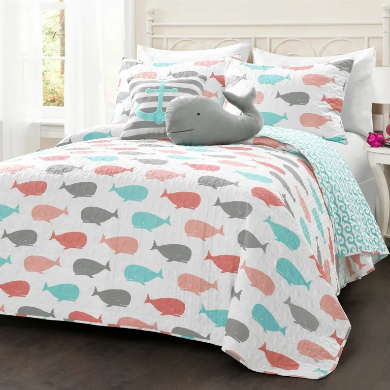 Full/Queen 5 Piece Microfiber Quilt Set in Teal Pink Aqua Waves Whale Pattern Photo 2