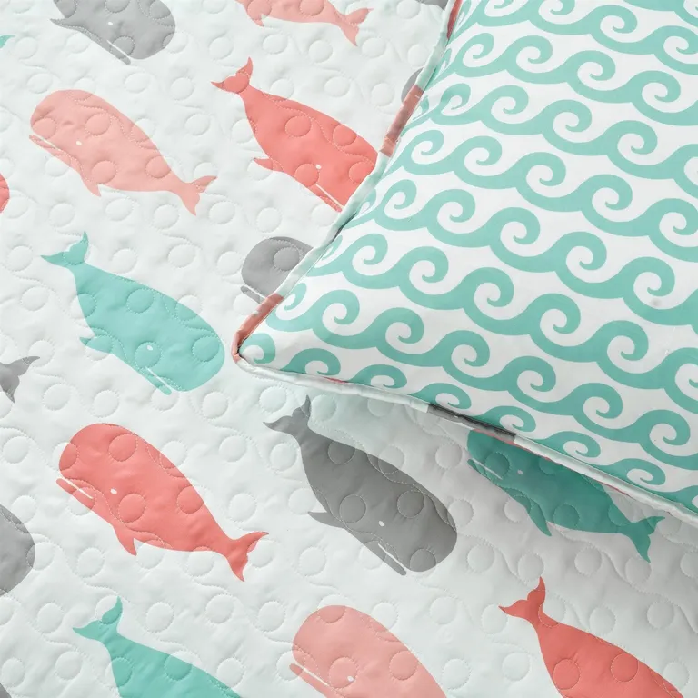 Full/Queen 5 Piece Microfiber Quilt Set in Teal Pink Aqua Waves Whale Pattern Photo 3