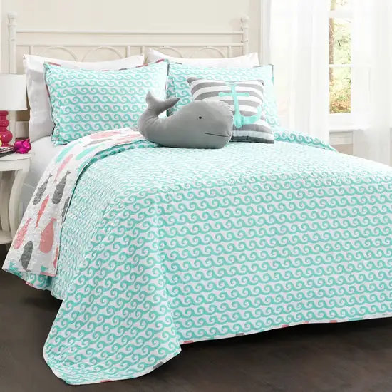 Full/Queen 5 Piece Microfiber Quilt Set in Teal Pink Aqua Waves Whale Pattern Photo 1