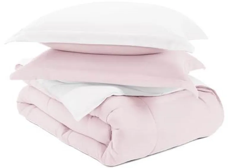 Full/Queen 3-Piece Microfiber Reversible Comforter Set in Blush Pink and White Photo 4