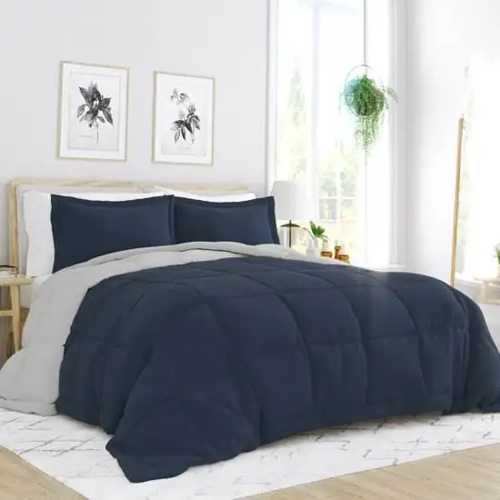 Full/Queen 3-Piece Microfiber Reversible Comforter Set in Navy Blue and Grey Photo 1