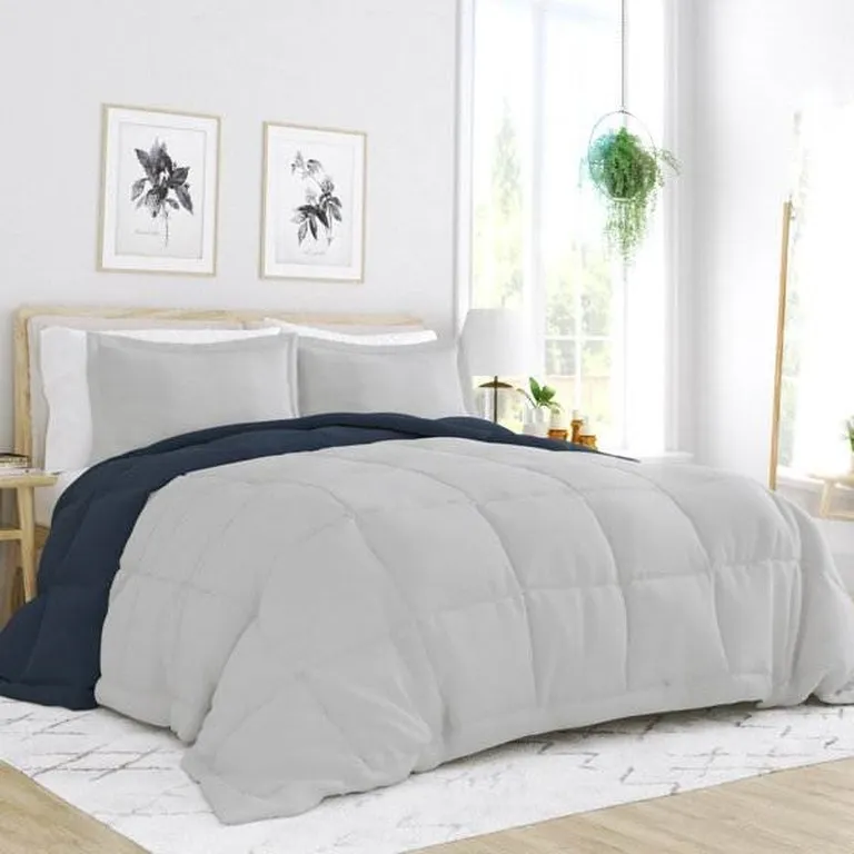 Full/Queen 3-Piece Microfiber Reversible Comforter Set in Navy Blue and Grey Photo 2