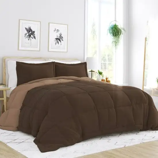 Full/Queen 3-Piece Microfiber Reversible Comforter Set in Taupe Brown Photo 2