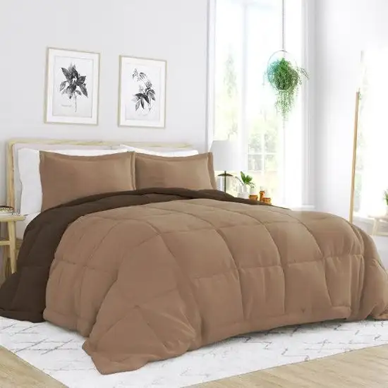 Full/Queen 3-Piece Microfiber Reversible Comforter Set in Taupe Brown Photo 1