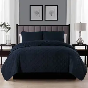 Photo of Full Queen 3-Piece Navy Blue Polyester Microfiber Reversible Diamond Quilt Set