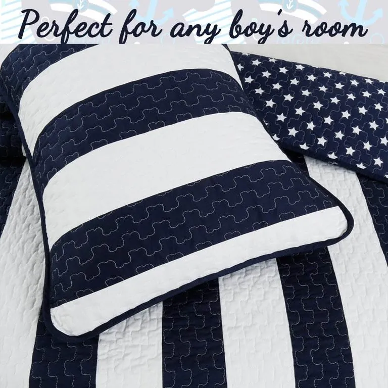 Full/Queen 3 Piece Navy Blue White Stars Stripes 100-Percent Cotton Quilt Set Photo 4