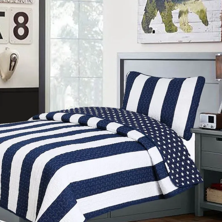 Full/Queen 3 Piece Navy Blue White Stars Stripes 100-Percent Cotton Quilt Set Photo 2