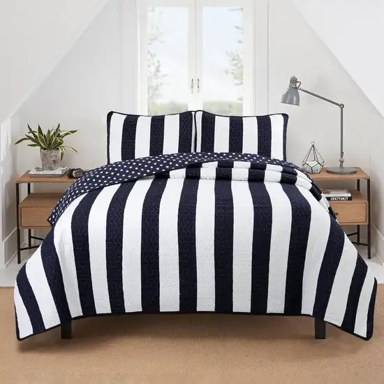 Full/Queen 3 Piece Navy Blue White Stars Stripes 100-Percent Cotton Quilt Set Photo 1