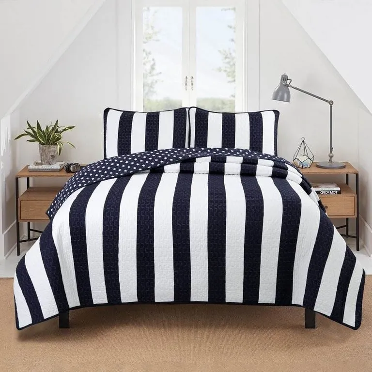 Full/Queen 3 Piece Navy Blue White Stars Stripes 100-Percent Cotton Quilt Set Photo 1