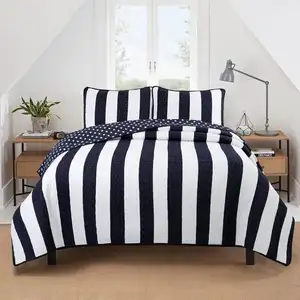 Photo of Full/Queen 3 Piece Navy Blue White Stars Stripes 100-Percent Cotton Quilt Set