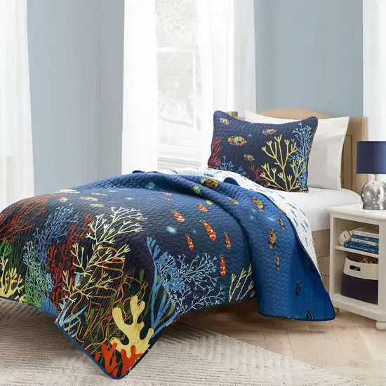 Full/Queen 3 Piece Ocean Navy Blue Clown Fish Coral Reef Reversible Quilt Set Photo 2