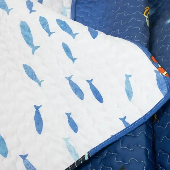 Full/Queen 3 Piece Ocean Navy Blue Clown Fish Coral Reef Reversible Quilt Set Photo 4