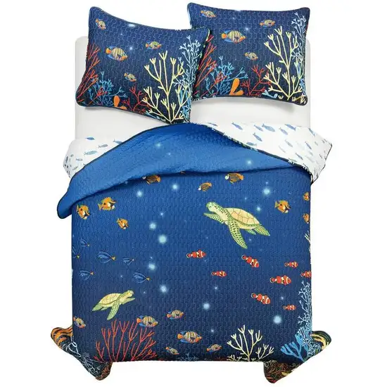 Full/Queen 3 Piece Ocean Navy Blue Clown Fish Coral Reef Reversible Quilt Set Photo 1