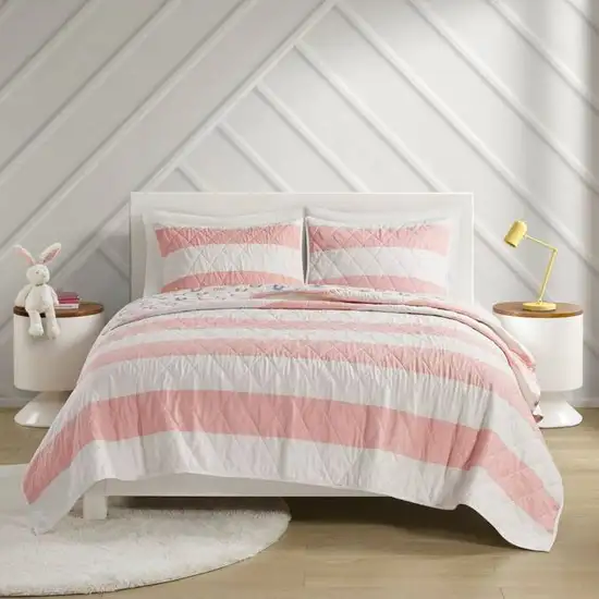 Full/Queen 3 Piece Pink White Stripe Reversible Rainbows Cotton Quilt Set Photo 1