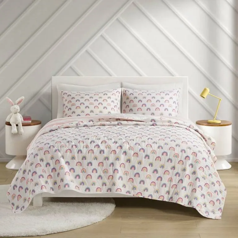 Full/Queen 3 Piece Pink White Stripe Reversible Rainbows Cotton Quilt Set Photo 2