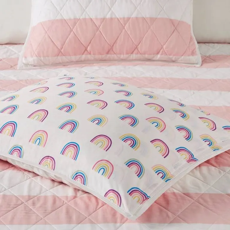 Full/Queen 3 Piece Pink White Stripe Reversible Rainbows Cotton Quilt Set Photo 3