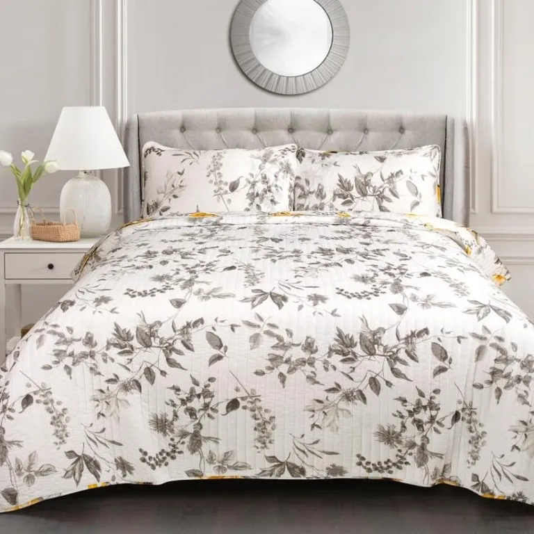 Full/Queen 3 Piece White Yellow Grey Reversible Floral Birds Cotton Quilt Set Photo 4