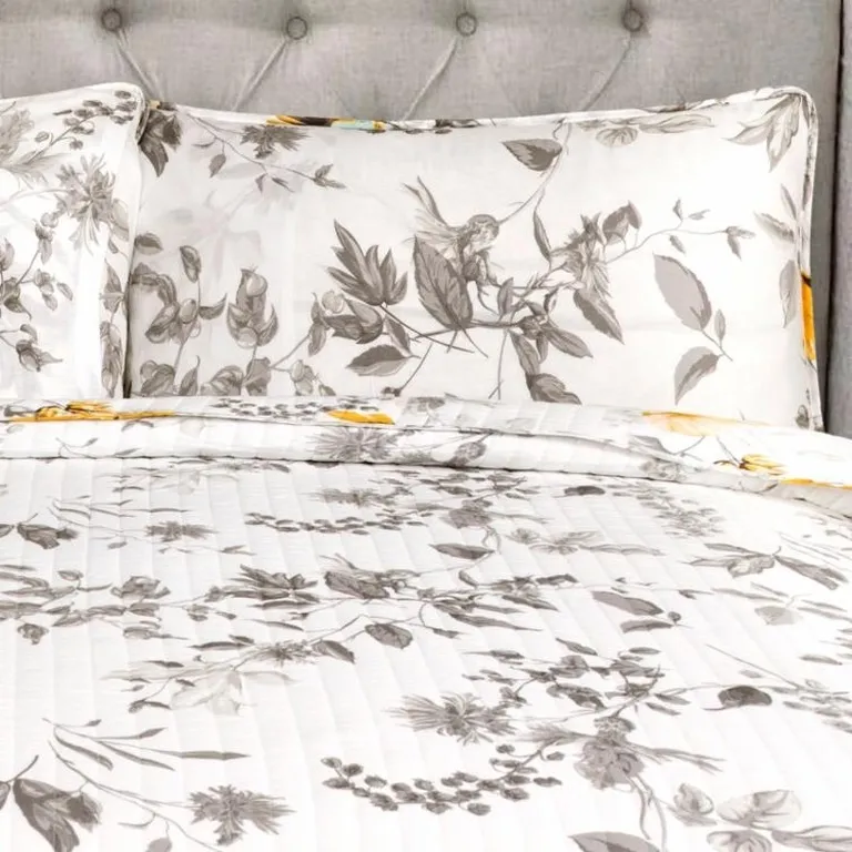 Full/Queen 3 Piece White Yellow Grey Reversible Floral Birds Cotton Quilt Set Photo 5