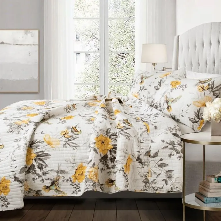 Full/Queen 3 Piece White Yellow Grey Reversible Floral Birds Cotton Quilt Set Photo 2