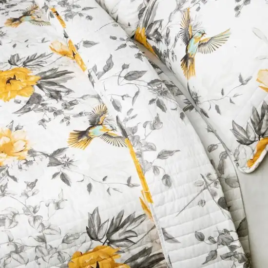 Full/Queen 3 Piece White Yellow Grey Reversible Floral Birds Cotton Quilt Set Photo 3