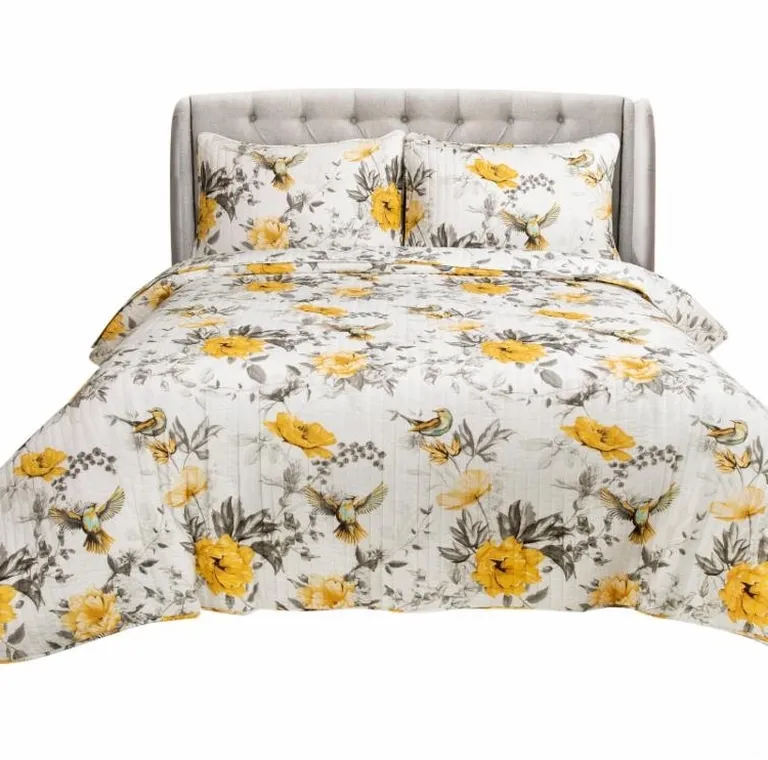 Full/Queen 3 Piece White Yellow Grey Reversible Floral Birds Cotton Quilt Set Photo 1