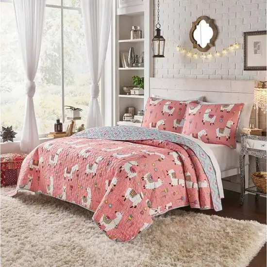 Full/Queen Pink Blue Reversible Floral Llama 100-Percent Cotton Quilt Set Photo 4