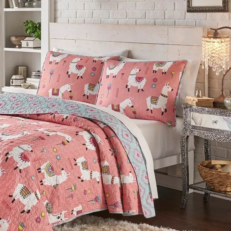 Full/Queen Pink Blue Reversible Floral Llama 100-Percent Cotton Quilt Set Photo 2