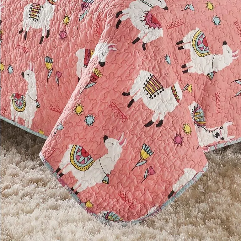 Full/Queen Pink Blue Reversible Floral Llama 100-Percent Cotton Quilt Set Photo 3