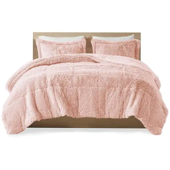 Full/Queen Pink Blush Soft Sherpa Faux Fur 3-Piece Comforter Set Photo 3