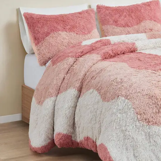 Full/Queen Pink Blush White Reversible Soft Sherpa Faux Fur 3-PC Comforter Set Photo 3