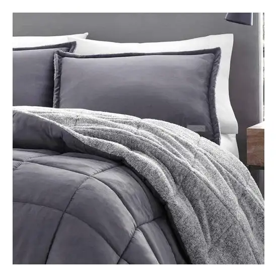 Full/Queen Plush Sherpa Reversible Micro Suede Comforter Set in Gray Photo 2