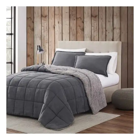 Full/Queen Plush Sherpa Reversible Micro Suede Comforter Set in Gray Photo 1