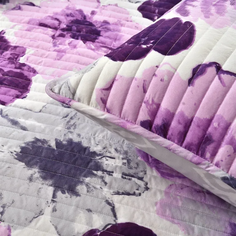 Full/Queen Purple Grey Flowers Lightweight Polyester Microfiber Quilt Set Photo 4