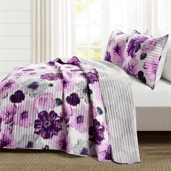 Full/Queen Purple Grey Flowers Lightweight Polyester Microfiber Quilt Set Photo 2