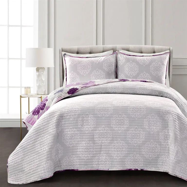 Full/Queen Purple Grey Flowers Lightweight Polyester Microfiber Quilt Set Photo 3