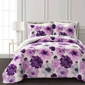 Photo of Full/Queen Purple Grey Flowers Lightweight Polyester Microfiber Quilt Set