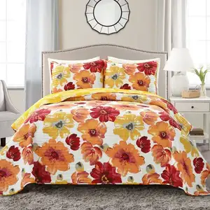 Photo of Full/Queen Red Orange Flowers Lightweight Polyester Microfiber Quilt Set